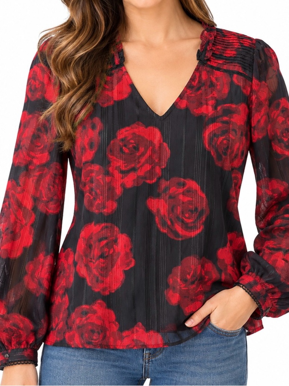 Nanette Lepore Black Red Rose Print V-Neck Sheer Blouse